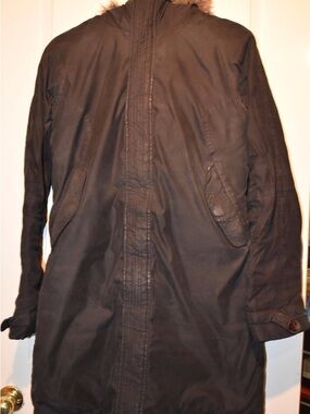 TNA Black Long Trench Coat with Faux Fur Trim Hood